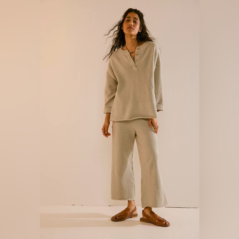 Free People Cream Waffle Knit Henley Top & Wide Leg Pants Set